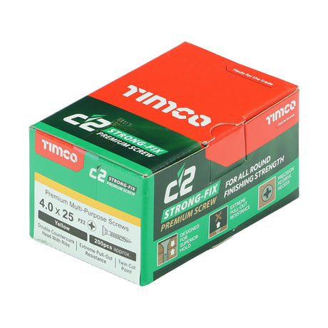 This is an image showing TIMCO C2 Strong-Fix - PZ - Double Countersunk - Twin-Cut - Yellow - 4.0 x 25 - 200 Pieces Box available from T.H Wiggans Ironmongery in Kendal, quick delivery at discounted prices.