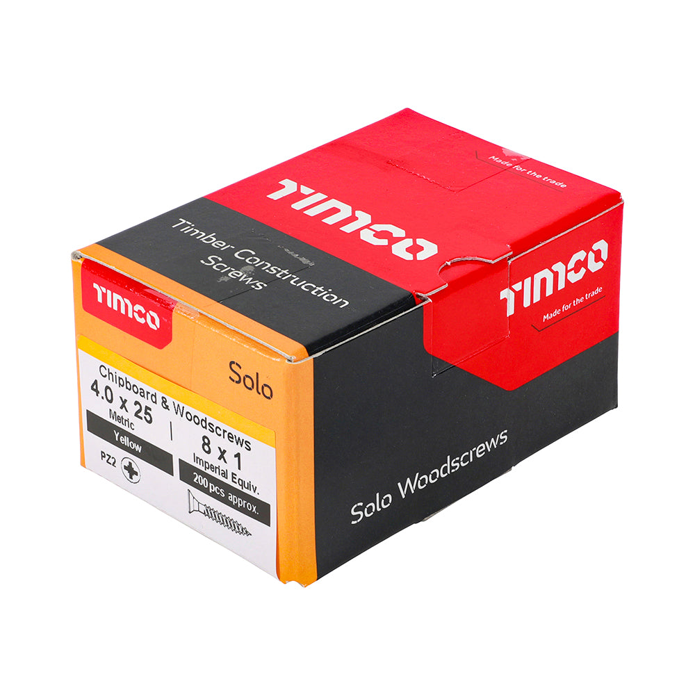 This is an image showing TIMCO Solo Chipboard & Woodscrews - PZ - Double Countersunk - Yellow - 4.0 x 25 - 200 Pieces Box available from T.H Wiggans Ironmongery in Kendal, quick delivery at discounted prices.