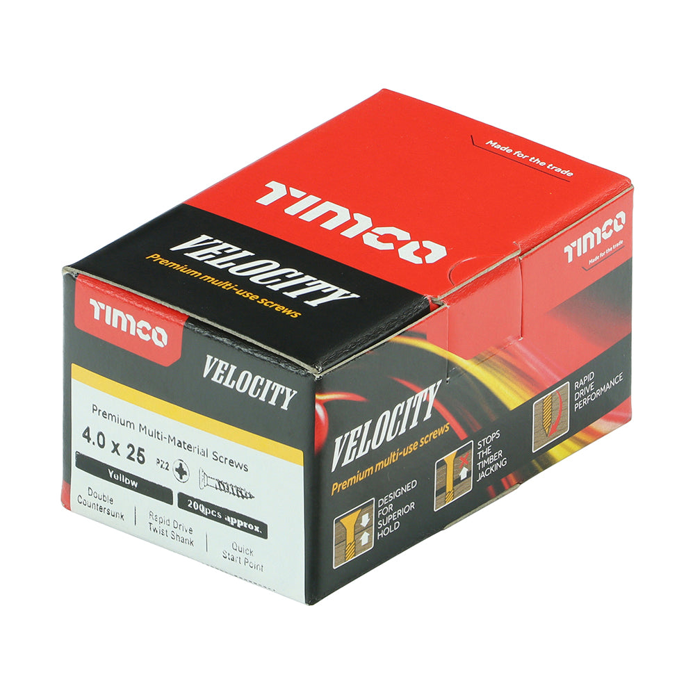 This is an image showing TIMCO Velocity Premium Multi-Use Screws - PZ - Double Countersunk - Yellow
- 4.0 x 25 - 200 Pieces Box available from T.H Wiggans Ironmongery in Kendal, quick delivery at discounted prices.