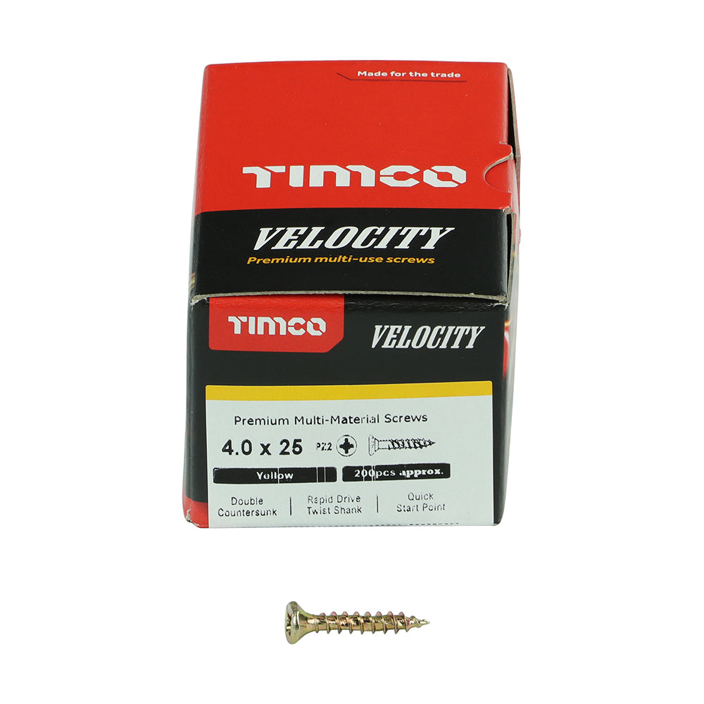 This is an image showing TIMCO Velocity Premium Multi-Use Screws - PZ - Double Countersunk - Yellow
- 4.0 x 25 - 200 Pieces Box available from T.H Wiggans Ironmongery in Kendal, quick delivery at discounted prices.