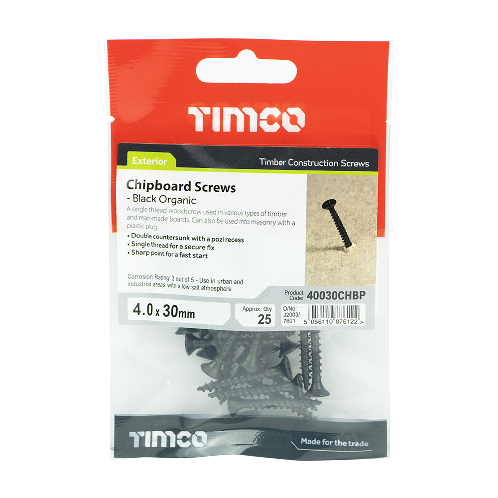 This is an image showing TIMCO Chipboard Screws - PZ - Double Countersunk - Exterior - Black Organic - 4.0 x 30 - 25 Pieces TIMpac available from T.H Wiggans Ironmongery in Kendal, quick delivery at discounted prices.