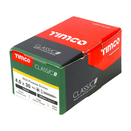 This is an image showing TIMCO Classic Multi-Purpose Screws - PZ - Double Countersunk - Yellow - 4.0 x 30 - 200 Pieces Box available from T.H Wiggans Ironmongery in Kendal, quick delivery at discounted prices.