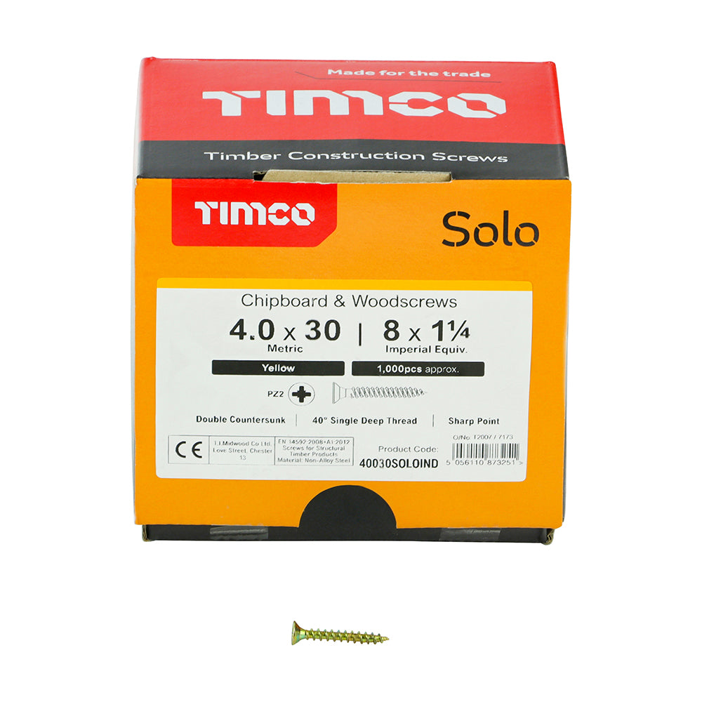 This is an image showing TIMCO Solo Chipboard & Woodscrews - Industry Pack - PZ - Double Countersunk - Yellow - 4.0 x 30 - 1000 Pieces Box available from T.H Wiggans Ironmongery in Kendal, quick delivery at discounted prices.
