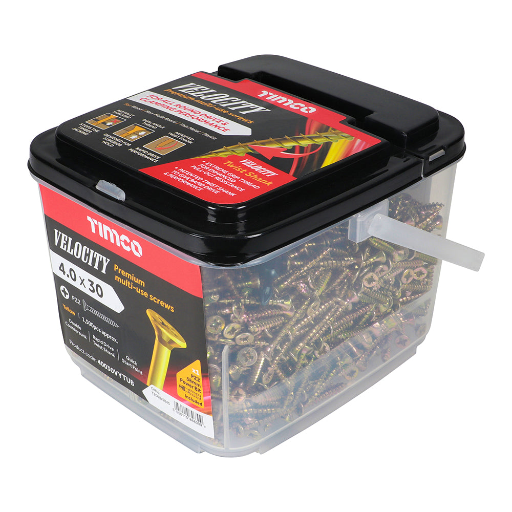 This is an image showing TIMCO Velocity Premium Multi-Use Screws - PZ - Double Countersunk - Yellow
- 4.0 x 30 - 1500 Pieces Tub available from T.H Wiggans Ironmongery in Kendal, quick delivery at discounted prices.