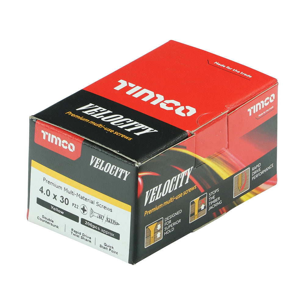 This is an image showing TIMCO Velocity Premium Multi-Use Screws - PZ - Double Countersunk - Yellow
- 4.0 x 30 - 200 Pieces Box available from T.H Wiggans Ironmongery in Kendal, quick delivery at discounted prices.
