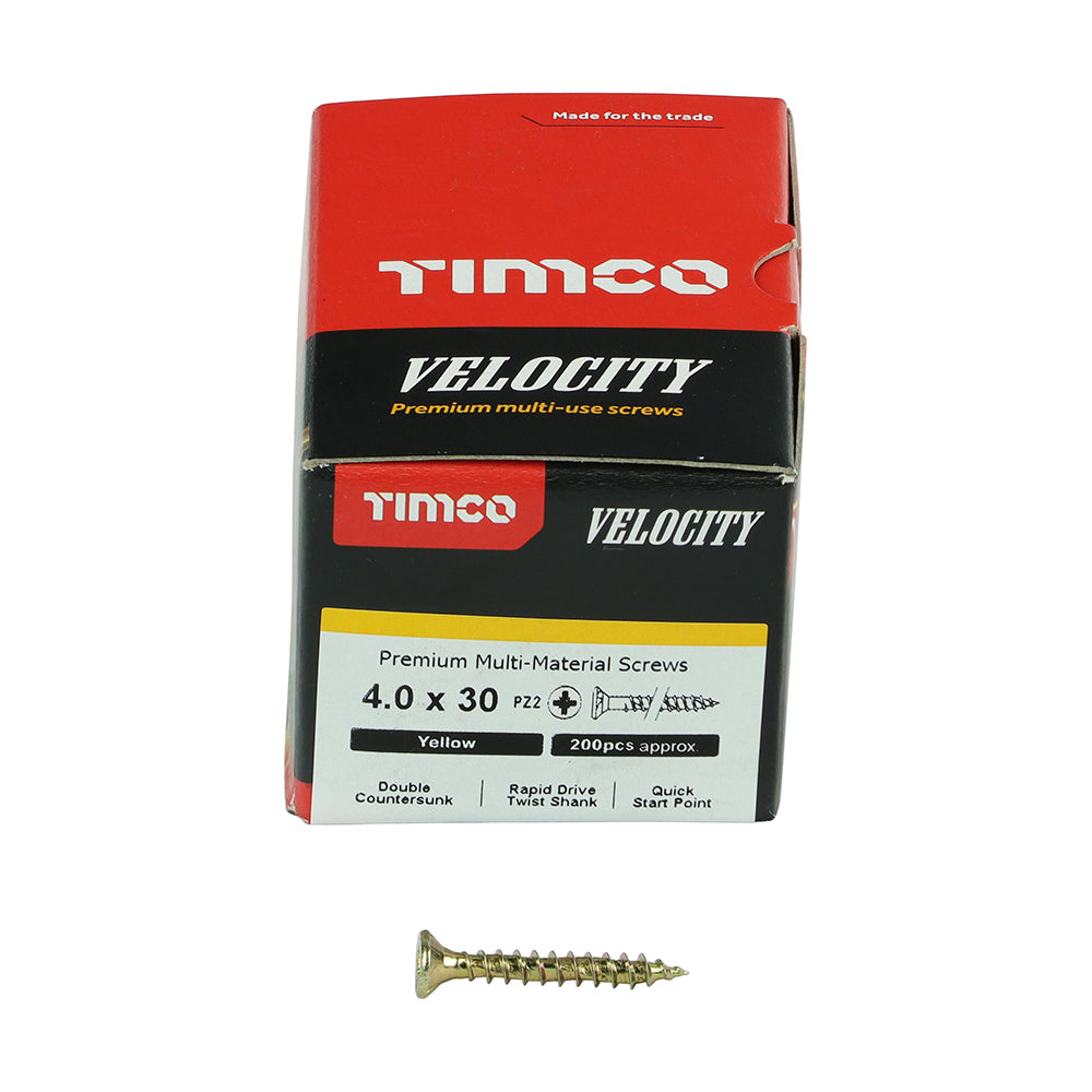 This is an image showing TIMCO Velocity Premium Multi-Use Screws - PZ - Double Countersunk - Yellow
- 4.0 x 30 - 200 Pieces Box available from T.H Wiggans Ironmongery in Kendal, quick delivery at discounted prices.