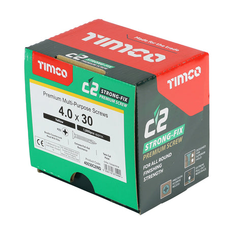 This is an image showing TIMCO C2 Strong-Fix - PZ - Double Countersunk - Twin-Cut - Yellow - 4.0 x 30 - 1000 Pieces Box available from T.H Wiggans Ironmongery in Kendal, quick delivery at discounted prices.
