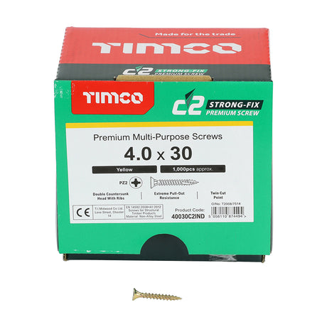 This is an image showing TIMCO C2 Strong-Fix - PZ - Double Countersunk - Twin-Cut - Yellow - 4.0 x 30 - 1000 Pieces Box available from T.H Wiggans Ironmongery in Kendal, quick delivery at discounted prices.