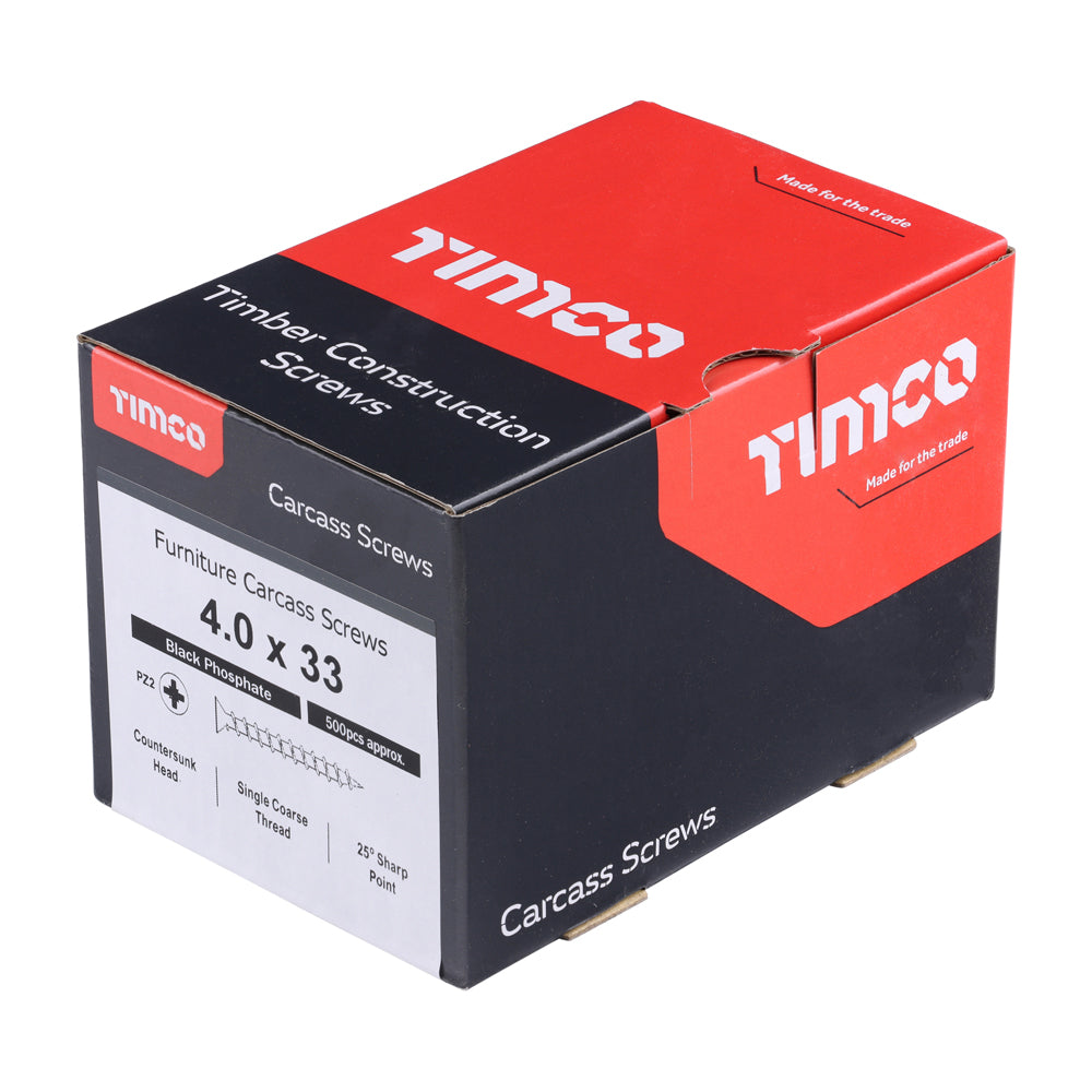 This is an image showing TIMCO Furniture Carcass Screws - PZ - Black - 4.0 x 33 - 500 Pieces Box available from T.H Wiggans Ironmongery in Kendal, quick delivery at discounted prices.