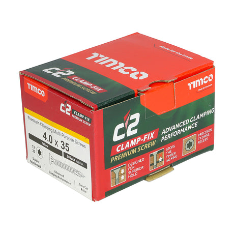 This is an image showing TIMCO C2 Clamp-Fix - TX - Double Countersunk with Ribs - Twin-Cut - Yellow - 4.0 x 35 - 200 Pieces Box available from T.H Wiggans Ironmongery in Kendal, quick delivery at discounted prices.