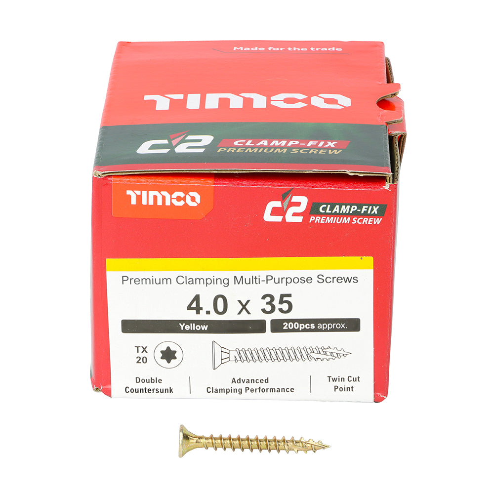 This is an image showing TIMCO C2 Clamp-Fix - TX - Double Countersunk with Ribs - Twin-Cut - Yellow - 4.0 x 35 - 200 Pieces Box available from T.H Wiggans Ironmongery in Kendal, quick delivery at discounted prices.