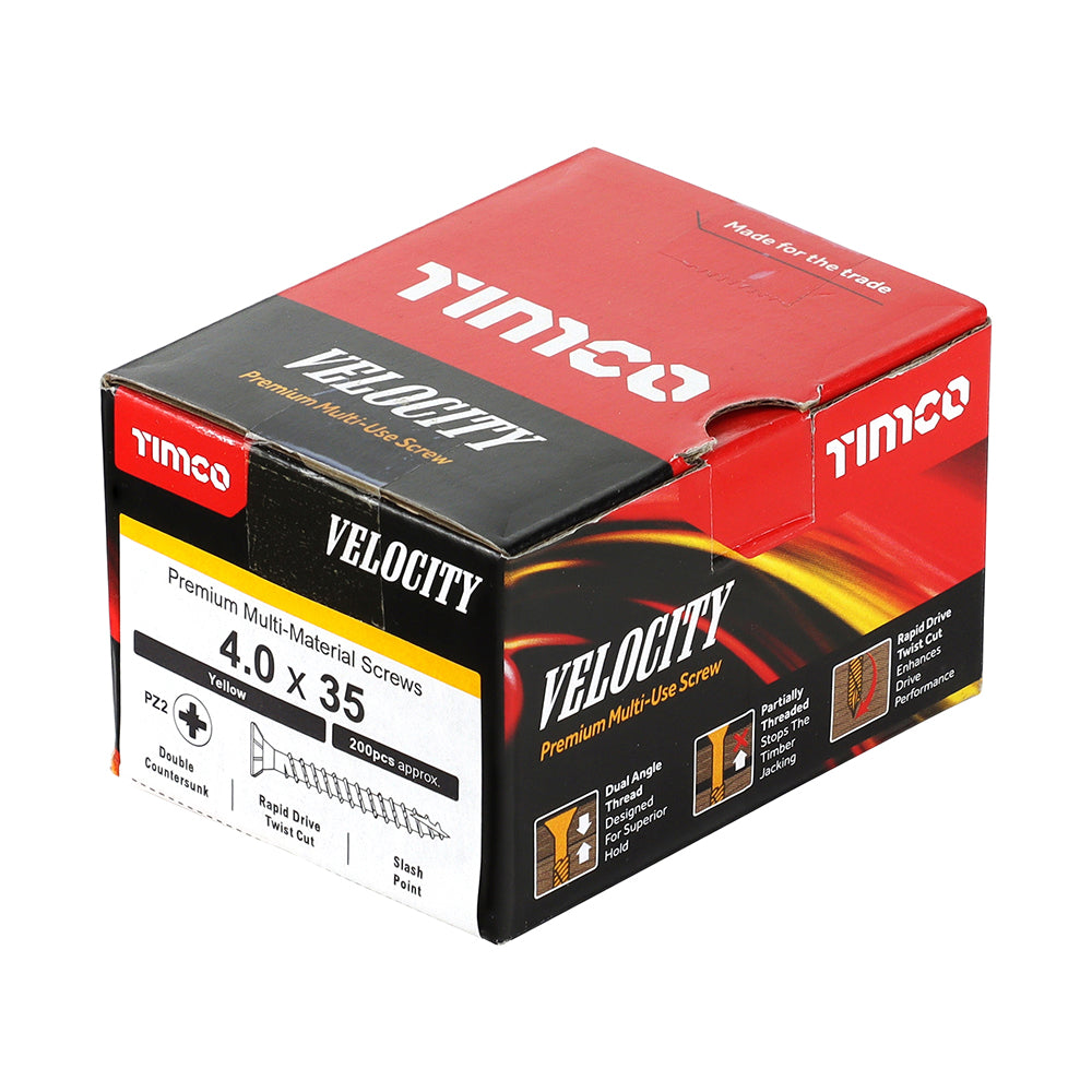 This is an image showing TIMCO Velocity Premium Multi-Use Screws - PZ - Double Countersunk - Yellow
- 4.0 x 35 - 200 Pieces Box available from T.H Wiggans Ironmongery in Kendal, quick delivery at discounted prices.