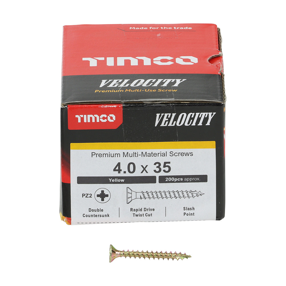 This is an image showing TIMCO Velocity Premium Multi-Use Screws - PZ - Double Countersunk - Yellow
- 4.0 x 35 - 200 Pieces Box available from T.H Wiggans Ironmongery in Kendal, quick delivery at discounted prices.