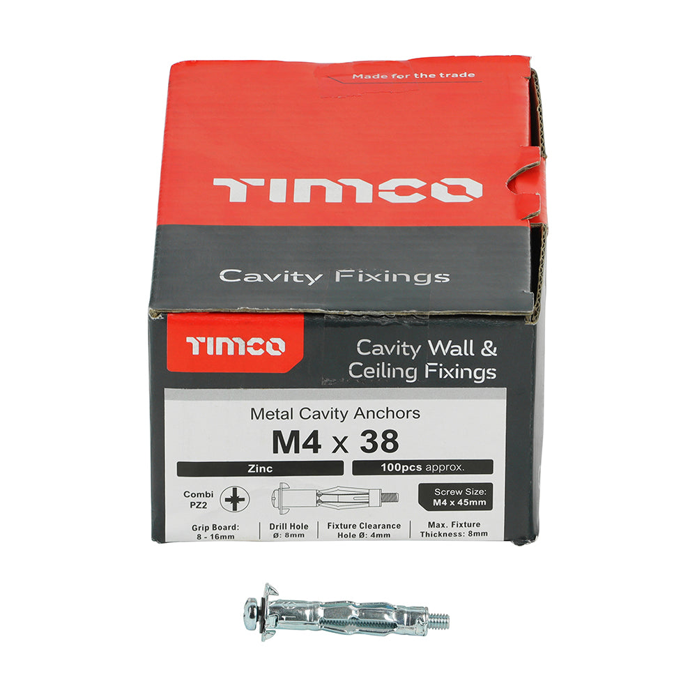 This is an image showing TIMCO Metal Cavity Anchors - Zinc - M4 x 38 (45mm Screw) - 100 Pieces Box available from T.H Wiggans Ironmongery in Kendal, quick delivery at discounted prices.