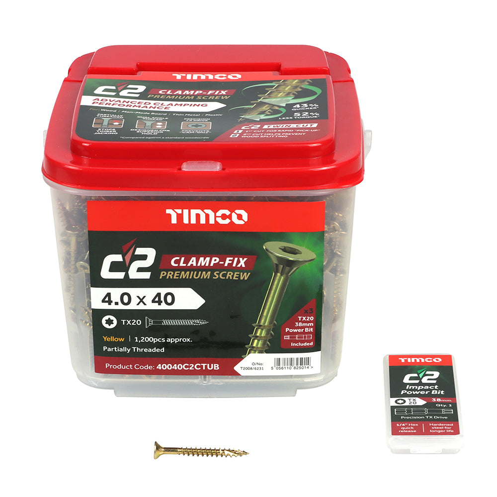 This is an image showing TIMCO C2 Clamp-Fix - TX - Double Countersunk with Ribs - Twin-Cut - Yellow - 4.0 x 40 - 1200 Pieces Tub available from T.H Wiggans Ironmongery in Kendal, quick delivery at discounted prices.