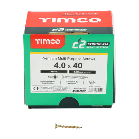 This is an image showing TIMCO C2 Strong-Fix - PZ - Double Countersunk - Twin-Cut - Yellow - 4.0 x 40 - 1000 Pieces Box available from T.H Wiggans Ironmongery in Kendal, quick delivery at discounted prices.
