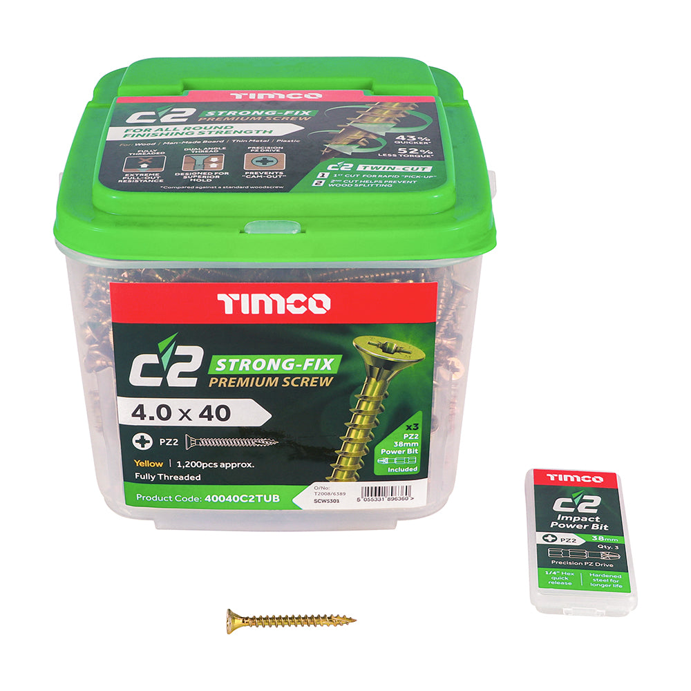This is an image showing TIMCO C2 Strong-Fix - PZ - Double Countersunk - Twin-Cut - Yellow - 4.0 x 40 - 1200 Pieces Tub available from T.H Wiggans Ironmongery in Kendal, quick delivery at discounted prices.