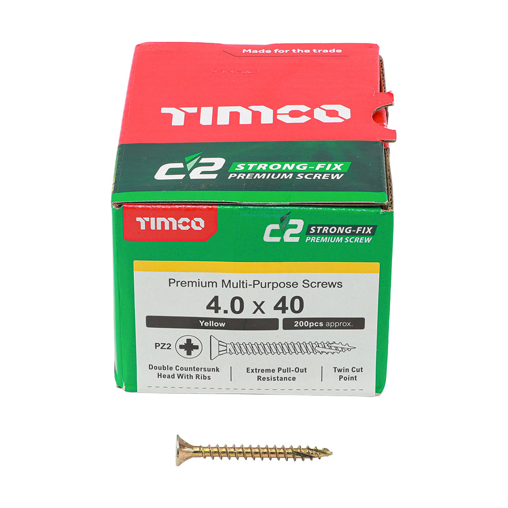 This is an image showing TIMCO C2 Strong-Fix - PZ - Double Countersunk - Twin-Cut - Yellow - 4.0 x 40 - 200 Pieces Box available from T.H Wiggans Ironmongery in Kendal, quick delivery at discounted prices.