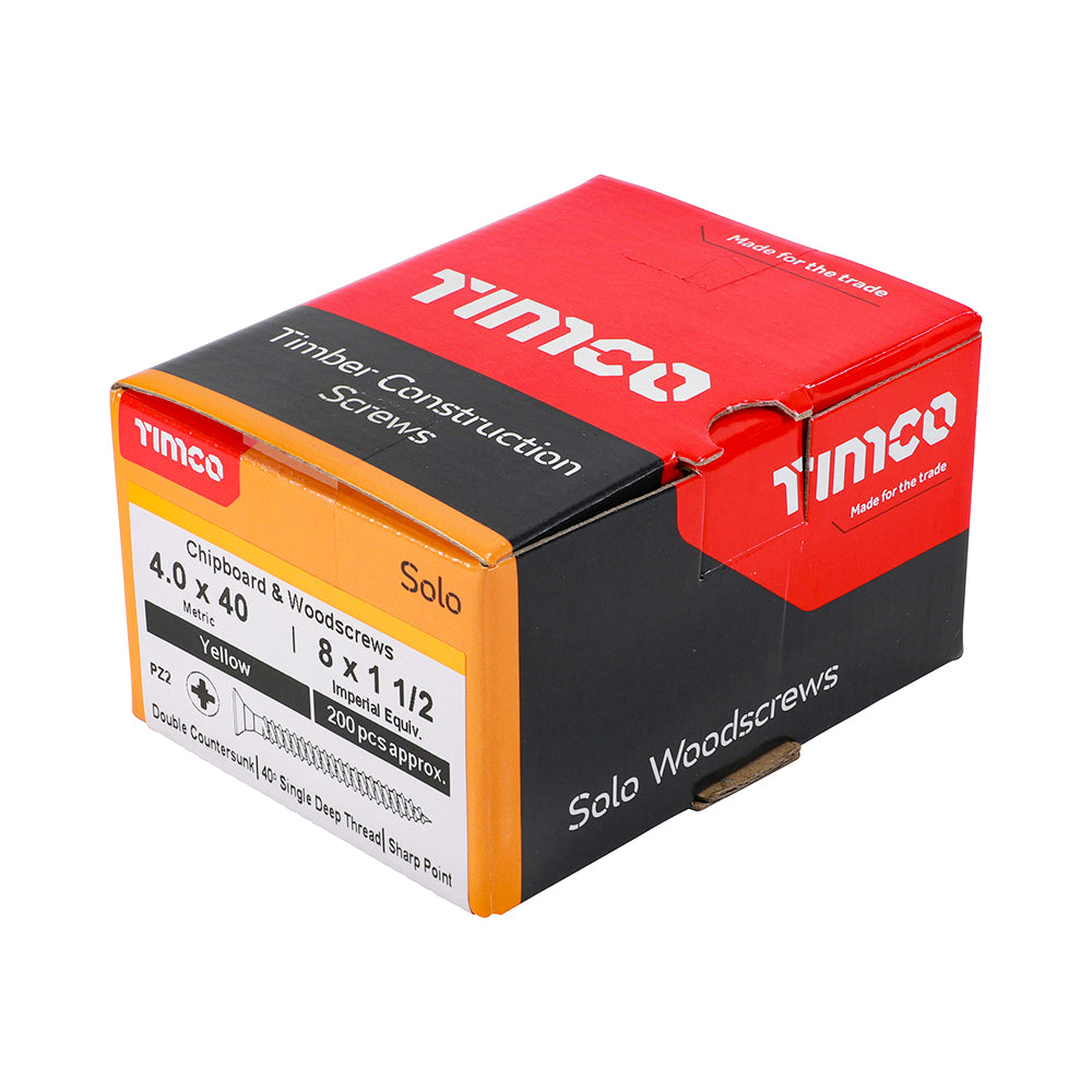 This is an image showing TIMCO Solo Chipboard & Woodscrews - PZ - Double Countersunk - Yellow - 4.0 x 40 - 200 Pieces Box available from T.H Wiggans Ironmongery in Kendal, quick delivery at discounted prices.