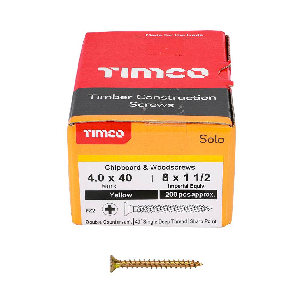 This is an image showing TIMCO Solo Chipboard & Woodscrews - PZ - Double Countersunk - Yellow - 4.0 x 40 - 200 Pieces Box available from T.H Wiggans Ironmongery in Kendal, quick delivery at discounted prices.