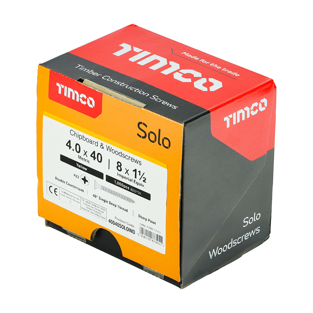 This is an image showing TIMCO Solo Chipboard & Woodscrews - Industry Pack - PZ - Double Countersunk - Yellow - 4.0 x 40 - 1000 Pieces Box available from T.H Wiggans Ironmongery in Kendal, quick delivery at discounted prices.
