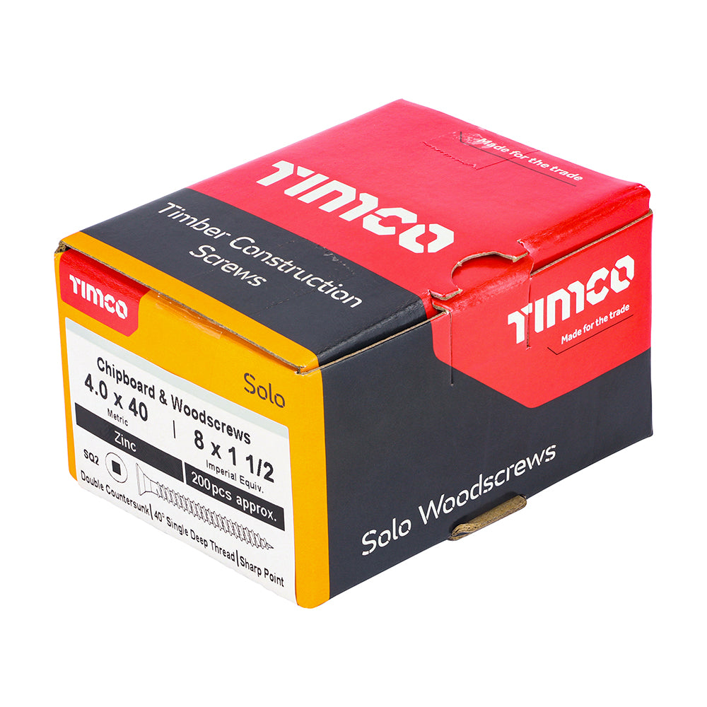 This is an image showing TIMCO Solo Chipboard & Woodscrews - SQ - Double Countersunk - Zinc - 4.0 x 40 - 200 Pieces Box available from T.H Wiggans Ironmongery in Kendal, quick delivery at discounted prices.