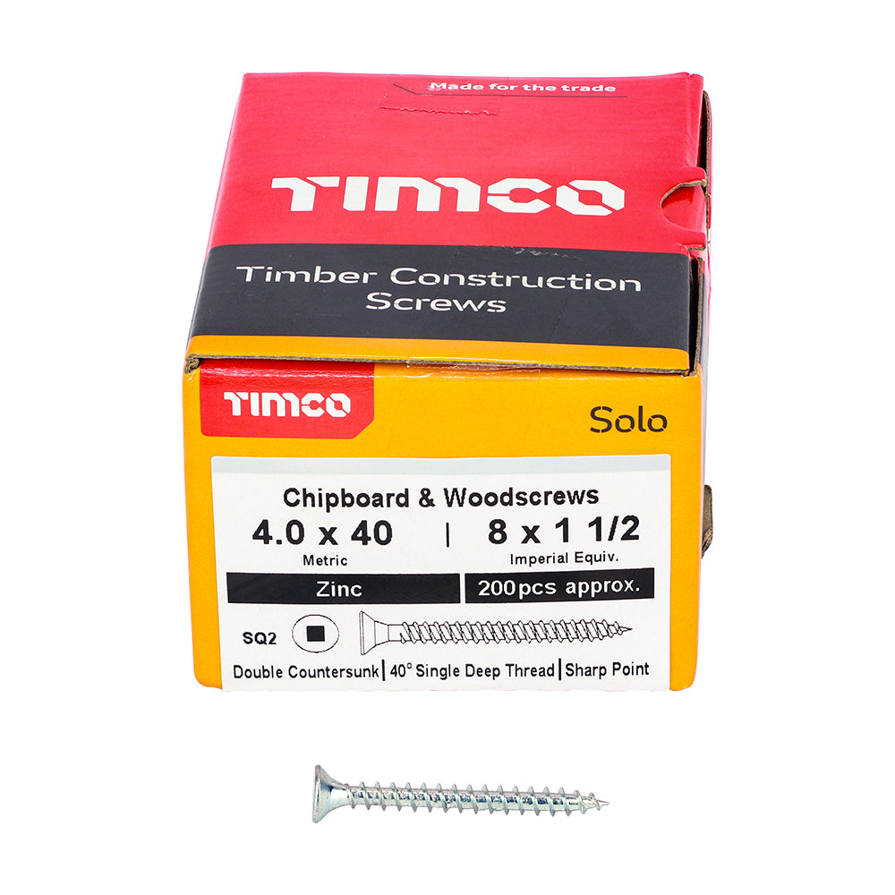 This is an image showing TIMCO Solo Chipboard & Woodscrews - SQ - Double Countersunk - Zinc - 4.0 x 40 - 200 Pieces Box available from T.H Wiggans Ironmongery in Kendal, quick delivery at discounted prices.