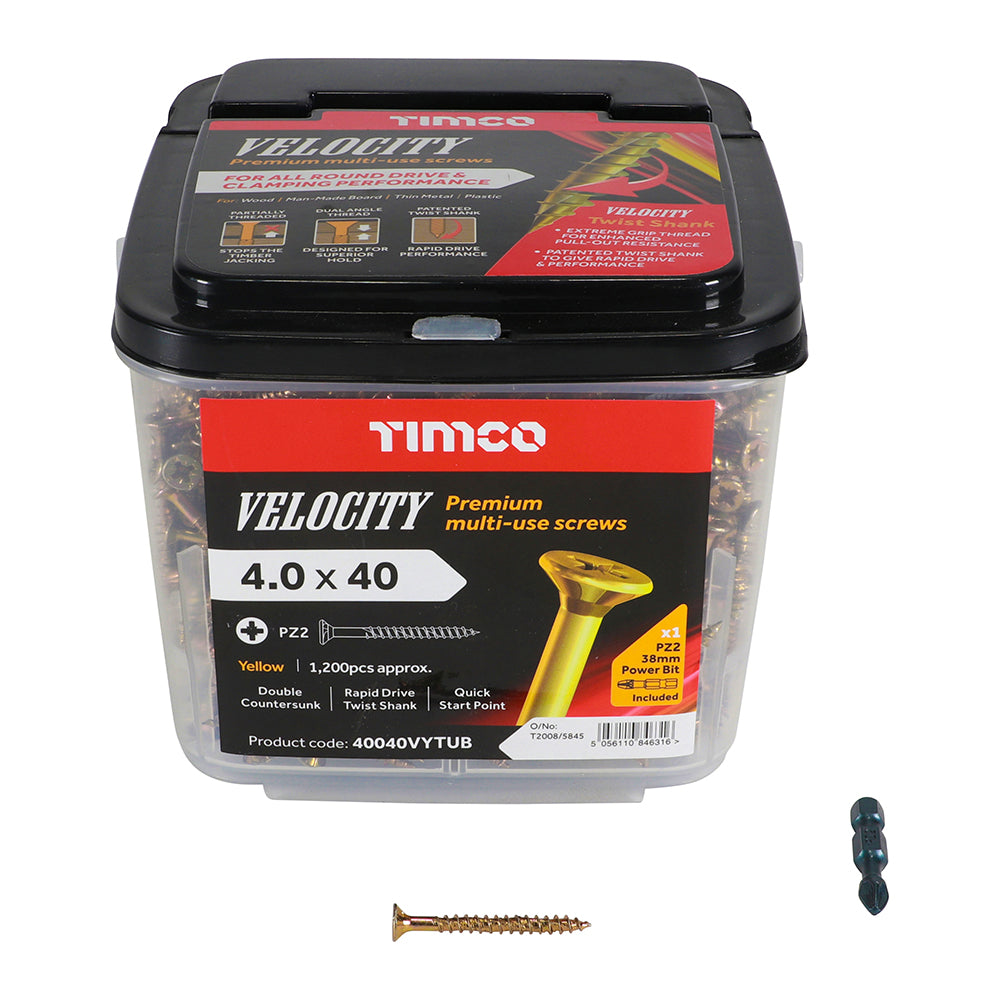 This is an image showing TIMCO Velocity Premium Multi-Use Screws - PZ - Double Countersunk - Yellow
- 4.0 x 40 - 1200 Pieces Tub available from T.H Wiggans Ironmongery in Kendal, quick delivery at discounted prices.