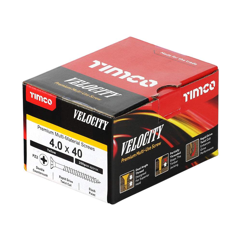 This is an image showing TIMCO Velocity Premium Multi-Use Screws - PZ - Double Countersunk - Yellow
- 4.0 x 40 - 200 Pieces Box available from T.H Wiggans Ironmongery in Kendal, quick delivery at discounted prices.