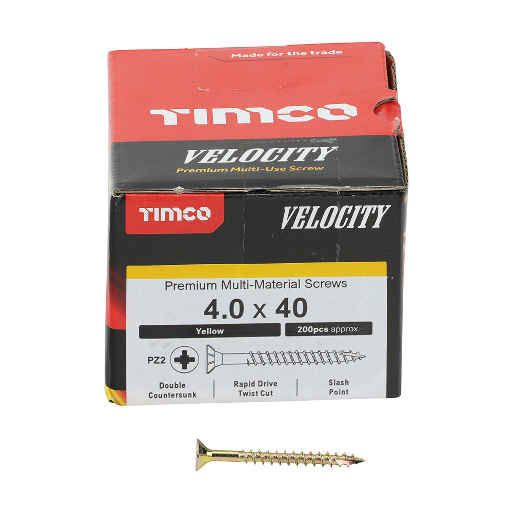 This is an image showing TIMCO Velocity Premium Multi-Use Screws - PZ - Double Countersunk - Yellow
- 4.0 x 40 - 200 Pieces Box available from T.H Wiggans Ironmongery in Kendal, quick delivery at discounted prices.