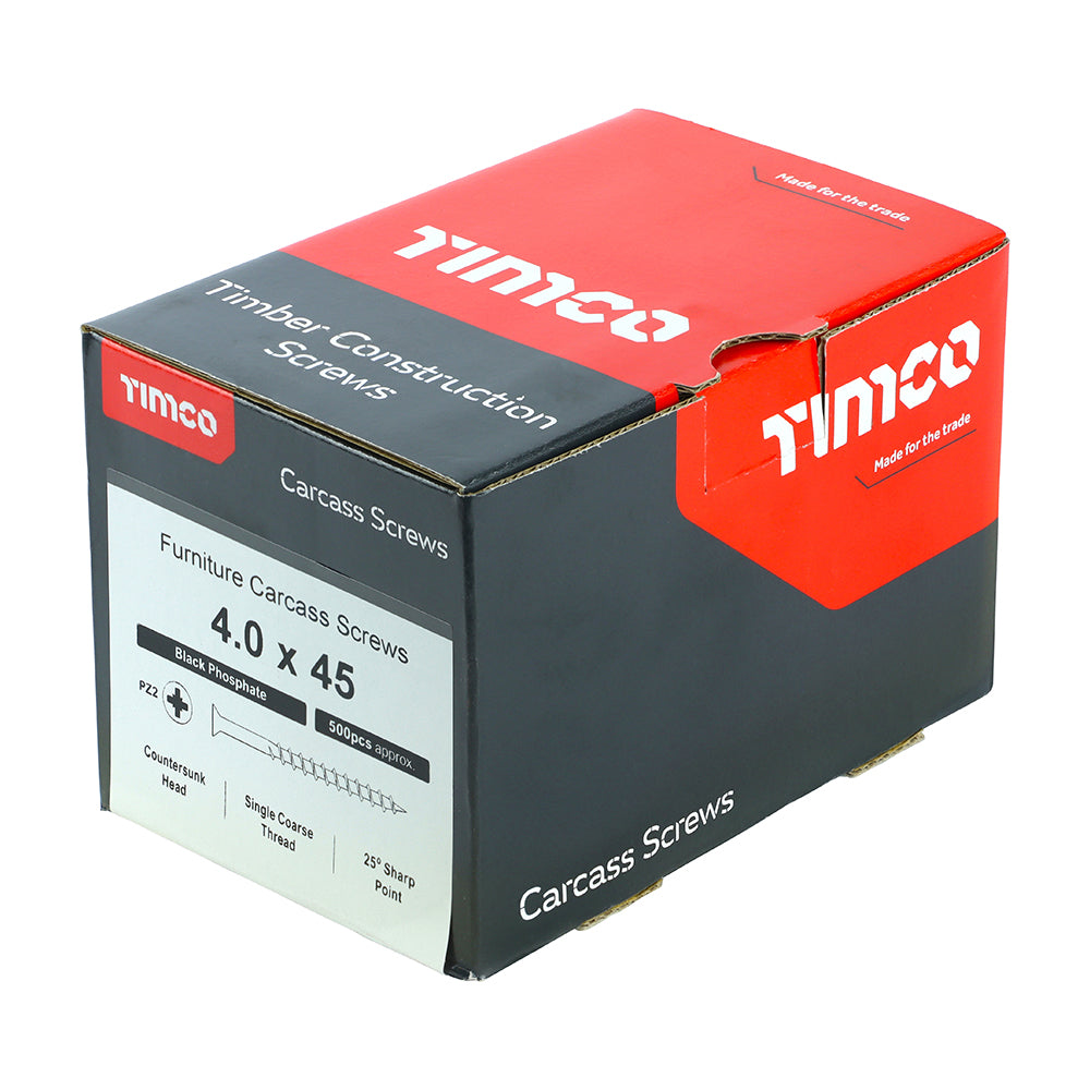 This is an image showing TIMCO Furniture Carcass Screws - PZ - Black - 4.0 x 45 - 500 Pieces Box available from T.H Wiggans Ironmongery in Kendal, quick delivery at discounted prices.