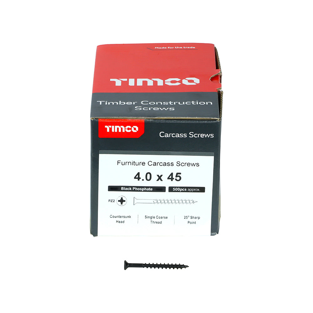 This is an image showing TIMCO Furniture Carcass Screws - PZ - Black - 4.0 x 45 - 500 Pieces Box available from T.H Wiggans Ironmongery in Kendal, quick delivery at discounted prices.