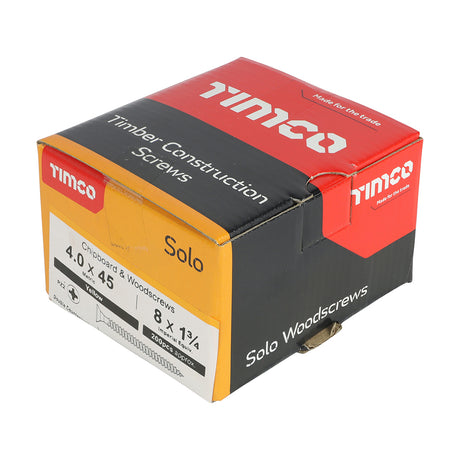 This is an image showing TIMCO Solo Chipboard & Woodscrews - PZ - Double Countersunk - Yellow - 4.0 x 45 - 200 Pieces Box available from T.H Wiggans Ironmongery in Kendal, quick delivery at discounted prices.