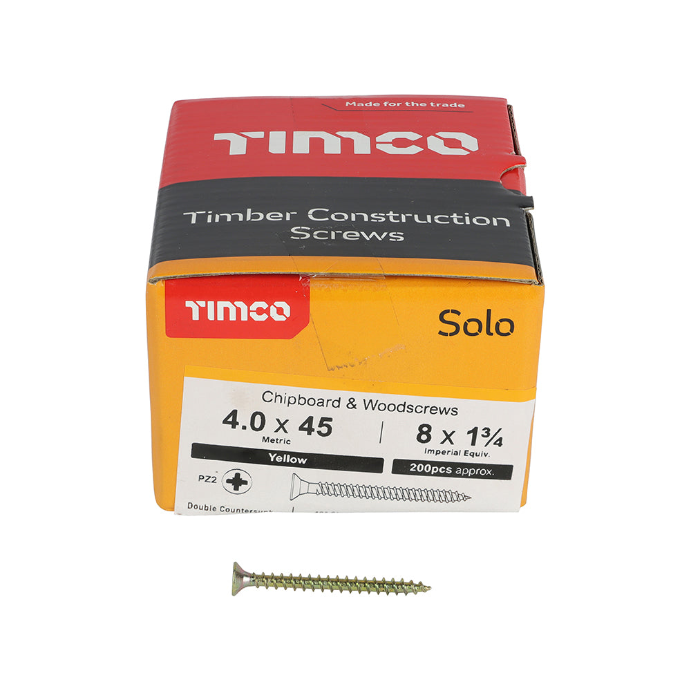 This is an image showing TIMCO Solo Chipboard & Woodscrews - PZ - Double Countersunk - Yellow - 4.0 x 45 - 200 Pieces Box available from T.H Wiggans Ironmongery in Kendal, quick delivery at discounted prices.