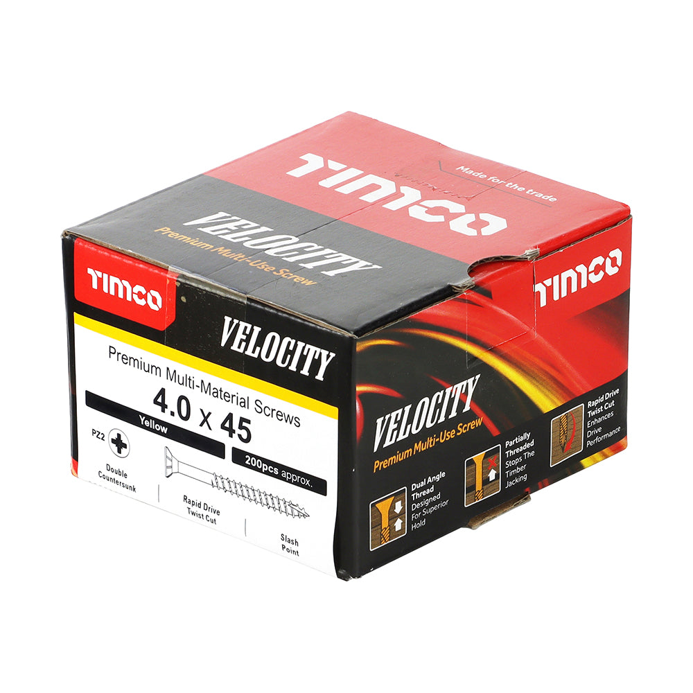 This is an image showing TIMCO Velocity Premium Multi-Use Screws - PZ - Double Countersunk - Yellow
- 4.0 x 45 - 200 Pieces Box available from T.H Wiggans Ironmongery in Kendal, quick delivery at discounted prices.