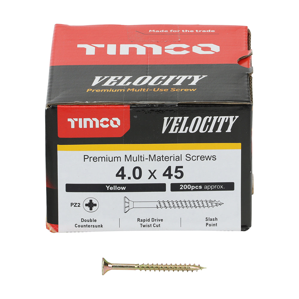 This is an image showing TIMCO Velocity Premium Multi-Use Screws - PZ - Double Countersunk - Yellow
- 4.0 x 45 - 200 Pieces Box available from T.H Wiggans Ironmongery in Kendal, quick delivery at discounted prices.