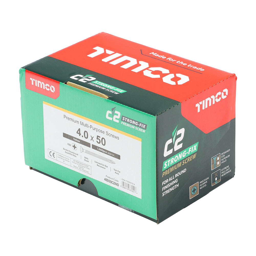 This is an image showing TIMCO C2 Strong-Fix - PZ - Double Countersunk - Twin-Cut - Yellow - 4.0 x 50 - 1000 Pieces Box available from T.H Wiggans Ironmongery in Kendal, quick delivery at discounted prices.