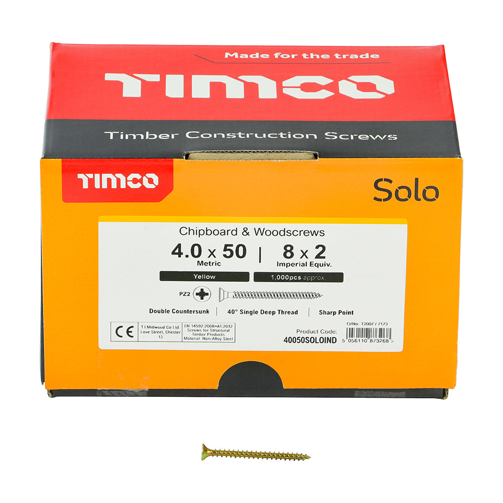 This is an image showing TIMCO Solo Chipboard & Woodscrews - Industry Pack - PZ - Double Countersunk - Yellow - 4.0 x 50 - 1000 Pieces Box available from T.H Wiggans Ironmongery in Kendal, quick delivery at discounted prices.