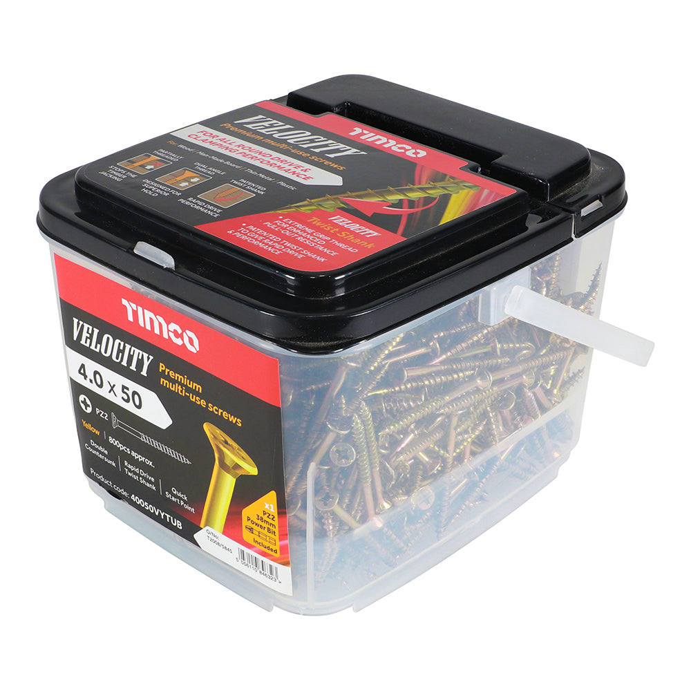 This is an image showing TIMCO Velocity Premium Multi-Use Screws - PZ - Double Countersunk - Yellow
- 4.0 x 50 - 800 Pieces Tub available from T.H Wiggans Ironmongery in Kendal, quick delivery at discounted prices.