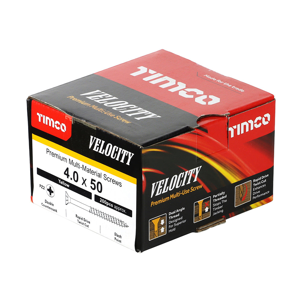 This is an image showing TIMCO Velocity Premium Multi-Use Screws - PZ - Double Countersunk - Yellow
- 4.0 x 50 - 200 Pieces Box available from T.H Wiggans Ironmongery in Kendal, quick delivery at discounted prices.