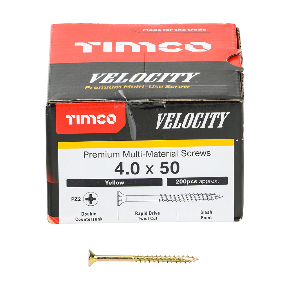 This is an image showing TIMCO Velocity Premium Multi-Use Screws - PZ - Double Countersunk - Yellow
- 4.0 x 50 - 200 Pieces Box available from T.H Wiggans Ironmongery in Kendal, quick delivery at discounted prices.