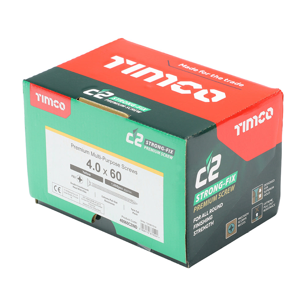 This is an image showing TIMCO C2 Strong-Fix - PZ - Double Countersunk - Twin-Cut - Yellow - 4.0 x 60 - 1000 Pieces Box available from T.H Wiggans Ironmongery in Kendal, quick delivery at discounted prices.