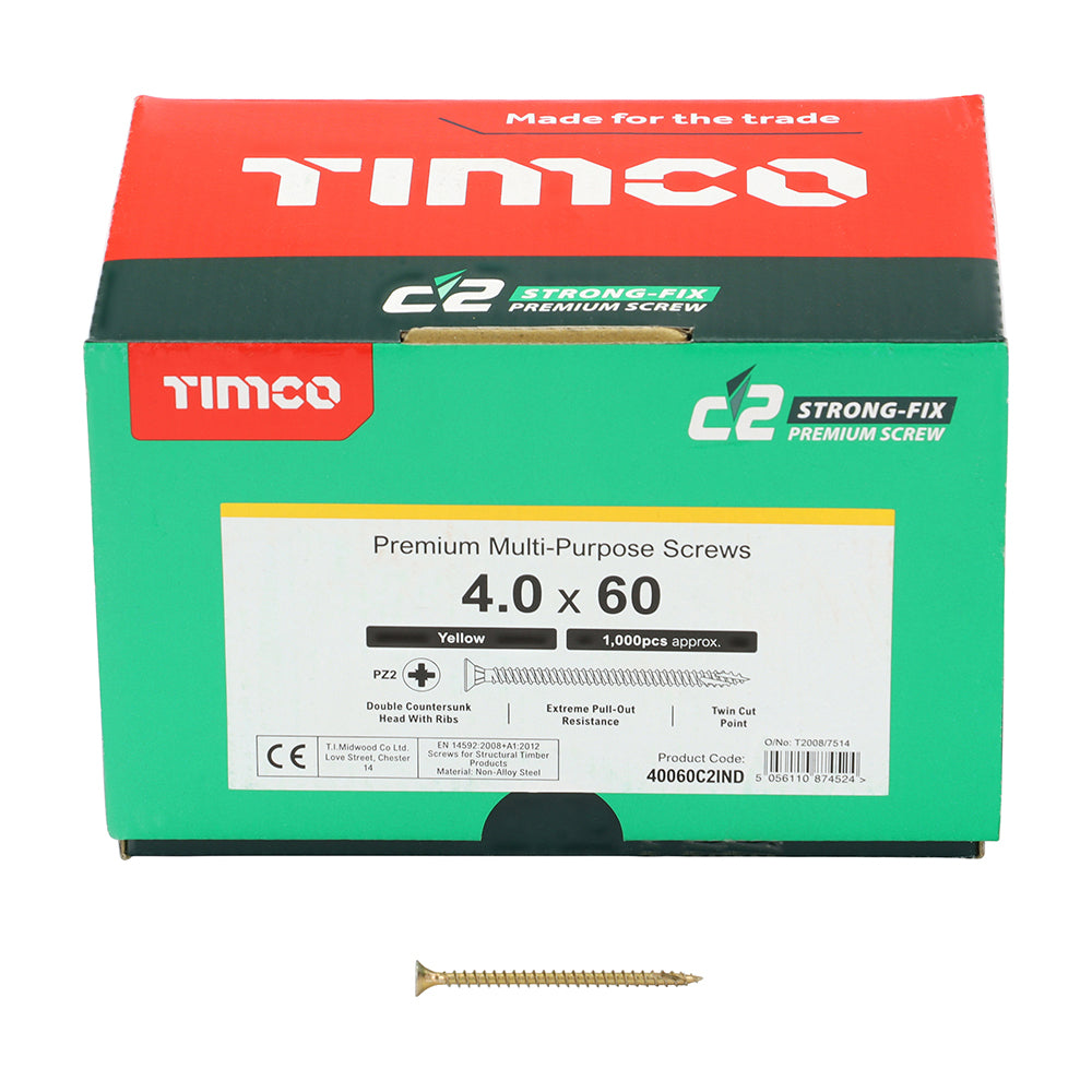 This is an image showing TIMCO C2 Strong-Fix - PZ - Double Countersunk - Twin-Cut - Yellow - 4.0 x 60 - 1000 Pieces Box available from T.H Wiggans Ironmongery in Kendal, quick delivery at discounted prices.