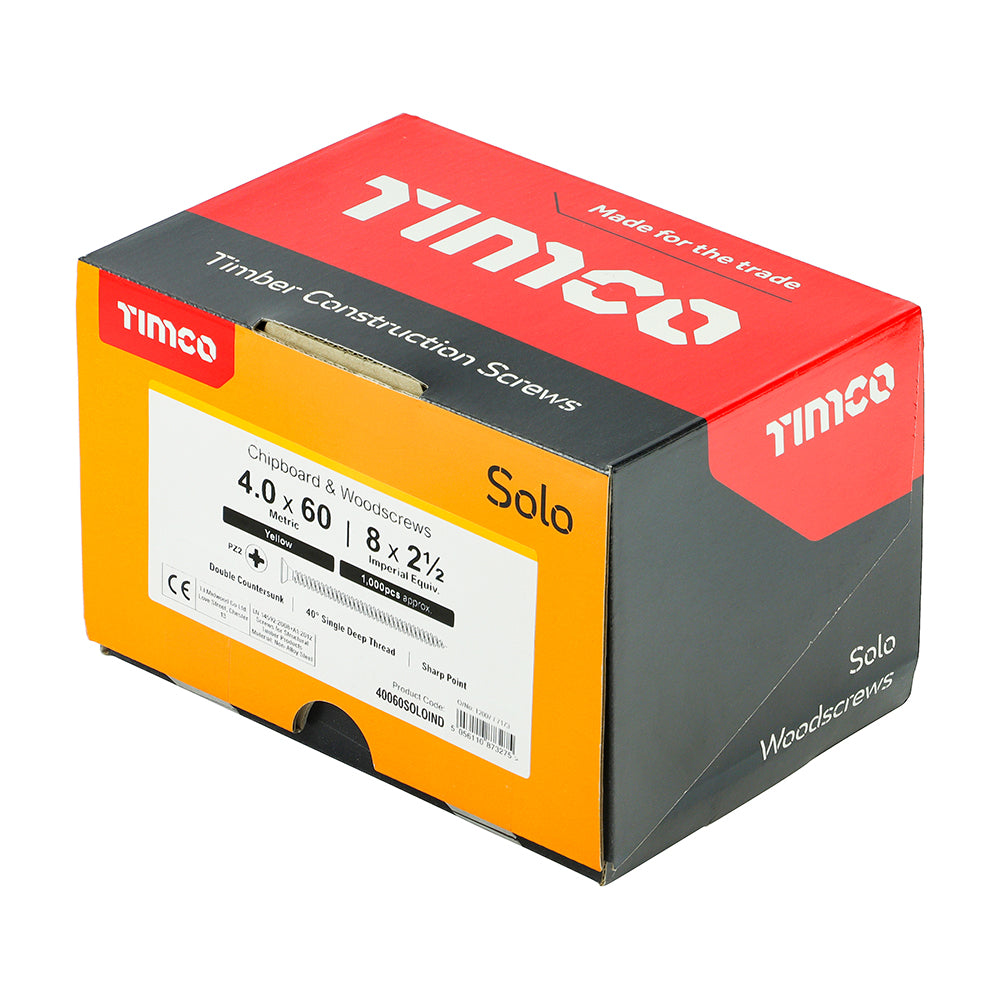 This is an image showing TIMCO Solo Chipboard & Woodscrews - Industry Pack - PZ - Double Countersunk - Yellow - 4.0 x 60 - 1000 Pieces Box available from T.H Wiggans Ironmongery in Kendal, quick delivery at discounted prices.