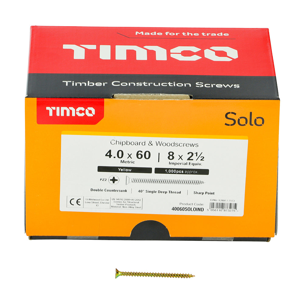 This is an image showing TIMCO Solo Chipboard & Woodscrews - Industry Pack - PZ - Double Countersunk - Yellow - 4.0 x 60 - 1000 Pieces Box available from T.H Wiggans Ironmongery in Kendal, quick delivery at discounted prices.
