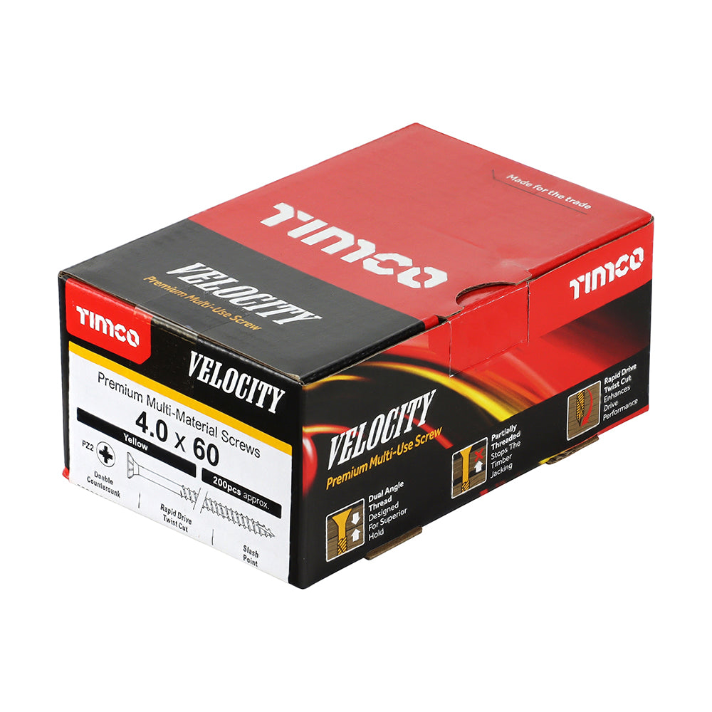 This is an image showing TIMCO Velocity Premium Multi-Use Screws - PZ - Double Countersunk - Yellow
- 4.0 x 60 - 200 Pieces Box available from T.H Wiggans Ironmongery in Kendal, quick delivery at discounted prices.