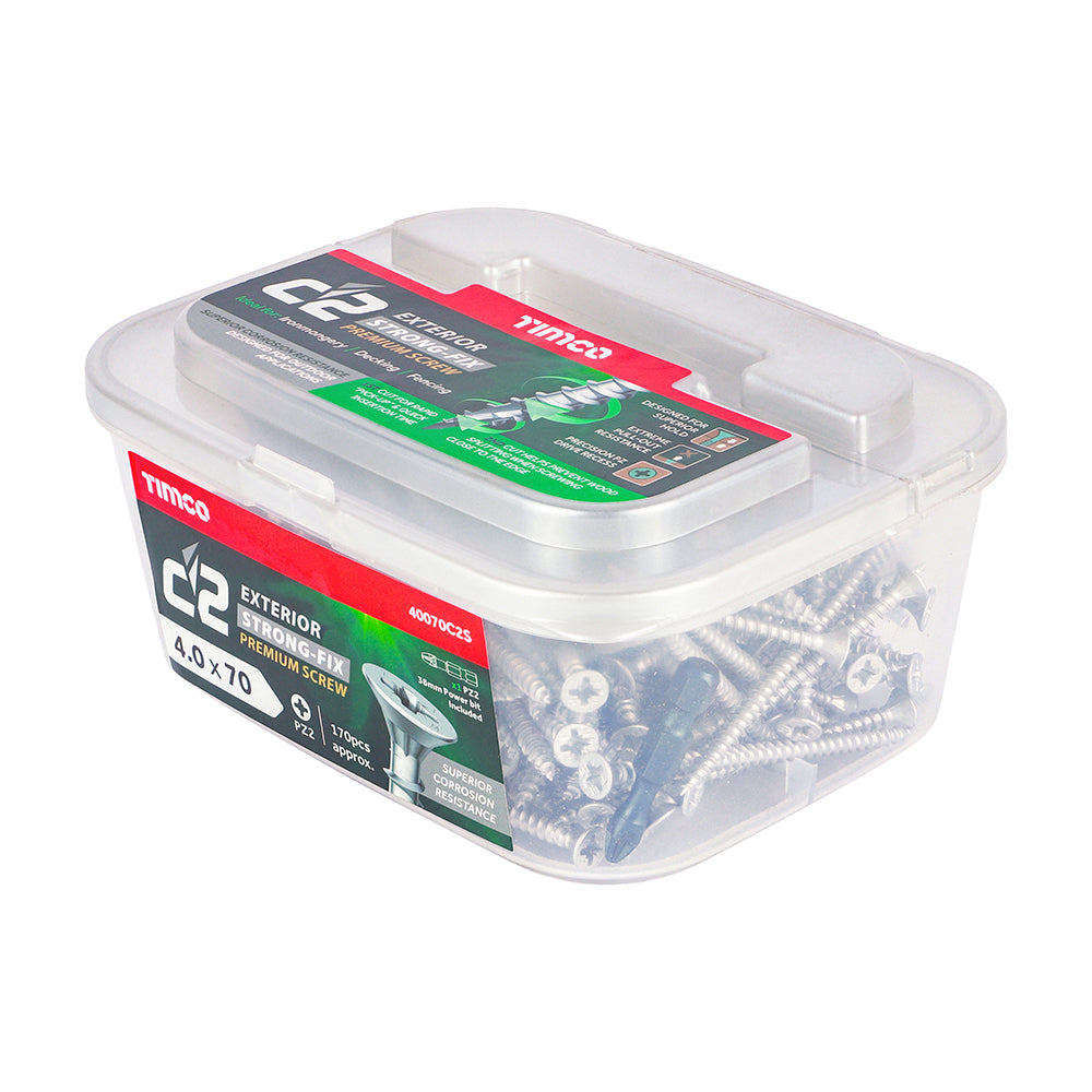 This is an image showing TIMCO C2 Exterior Strong-Fix - PZ - Double Countersunk with Ribs - Twin-Cut - Silver - 4.0 x 70 - 170 Pieces Tub available from T.H Wiggans Ironmongery in Kendal, quick delivery at discounted prices.