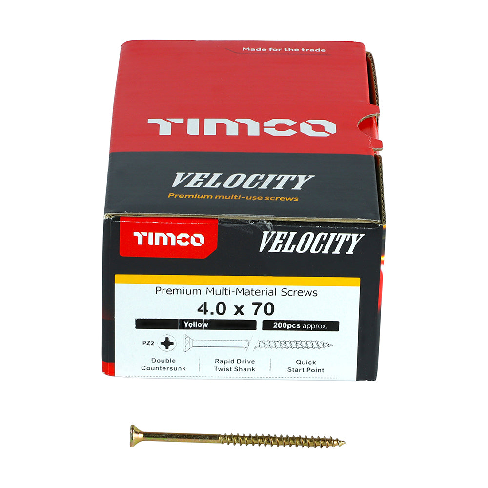 This is an image showing TIMCO Velocity Premium Multi-Use Screws - PZ - Double Countersunk - Yellow
- 4.0 x 70 - 200 Pieces Box available from T.H Wiggans Ironmongery in Kendal, quick delivery at discounted prices.