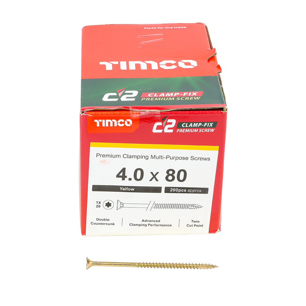 This is an image showing TIMCO C2 Clamp-Fix - TX - Double Countersunk with Ribs - Twin-Cut - Yellow - 4.0 x 80 - 200 Pieces Box available from T.H Wiggans Ironmongery in Kendal, quick delivery at discounted prices.