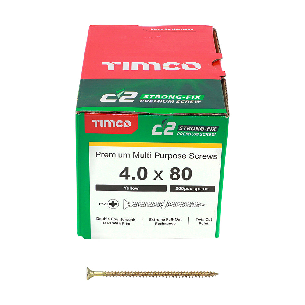 This is an image showing TIMCO C2 Strong-Fix - PZ - Double Countersunk - Twin-Cut - Yellow - 4.0 x 80 - 200 Pieces Box available from T.H Wiggans Ironmongery in Kendal, quick delivery at discounted prices.